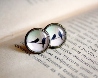 Birds on Wire Stud Earrings - Delicate Everyday Jewelry - Gift for her under 20usd