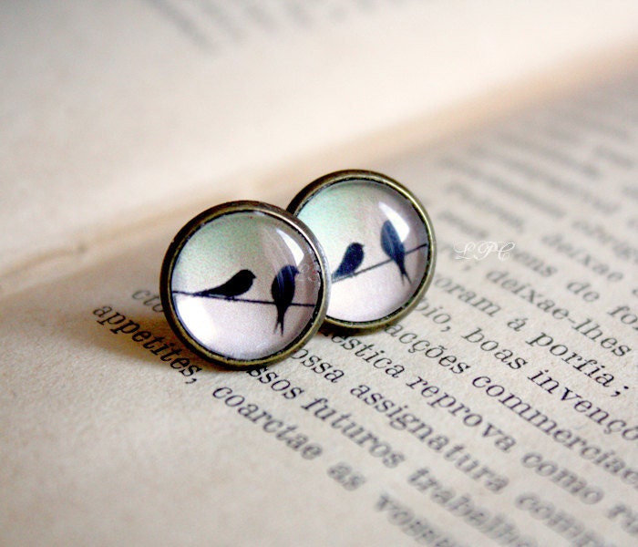 Birds on Wire Stud Earrings - Delicate Everyday Jewelry - Gift for her under 20usd