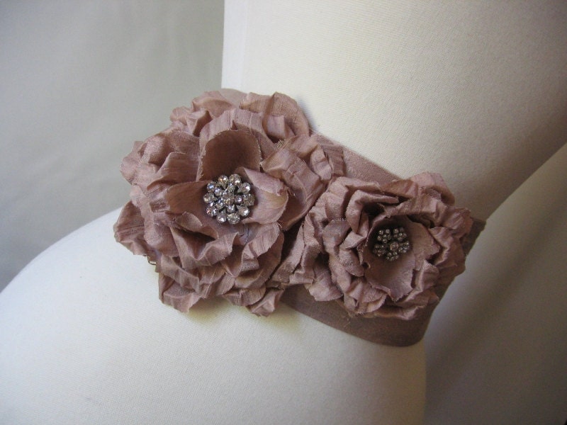 Ivana Silk Dress Sash with Roses - Champagne Wedding Gown Accessory