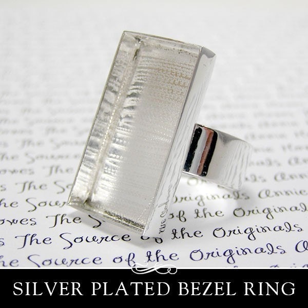 Rectangle Bezel Ring Blank. Silver Plated Wide Adjustable Band.