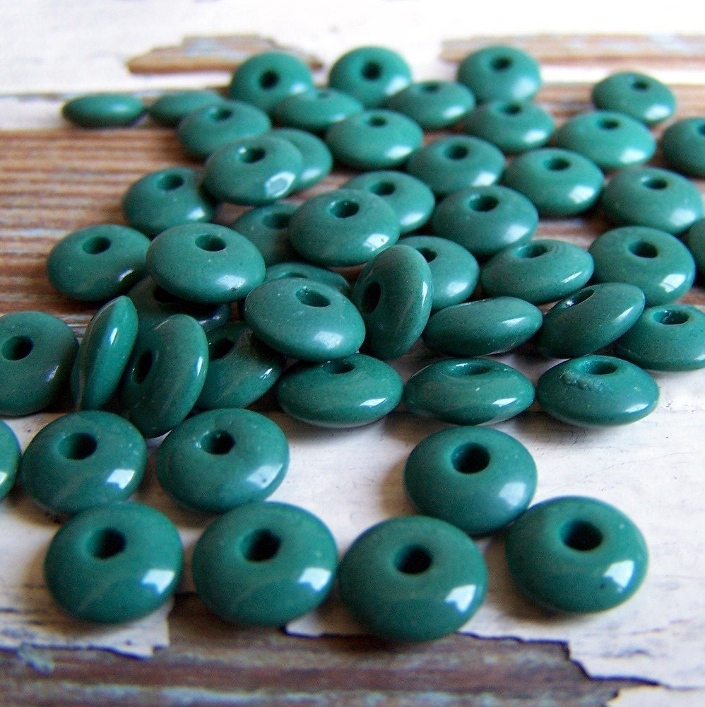 Vintage Glass Beads, rondelles, pine green, forest green, 12 beads