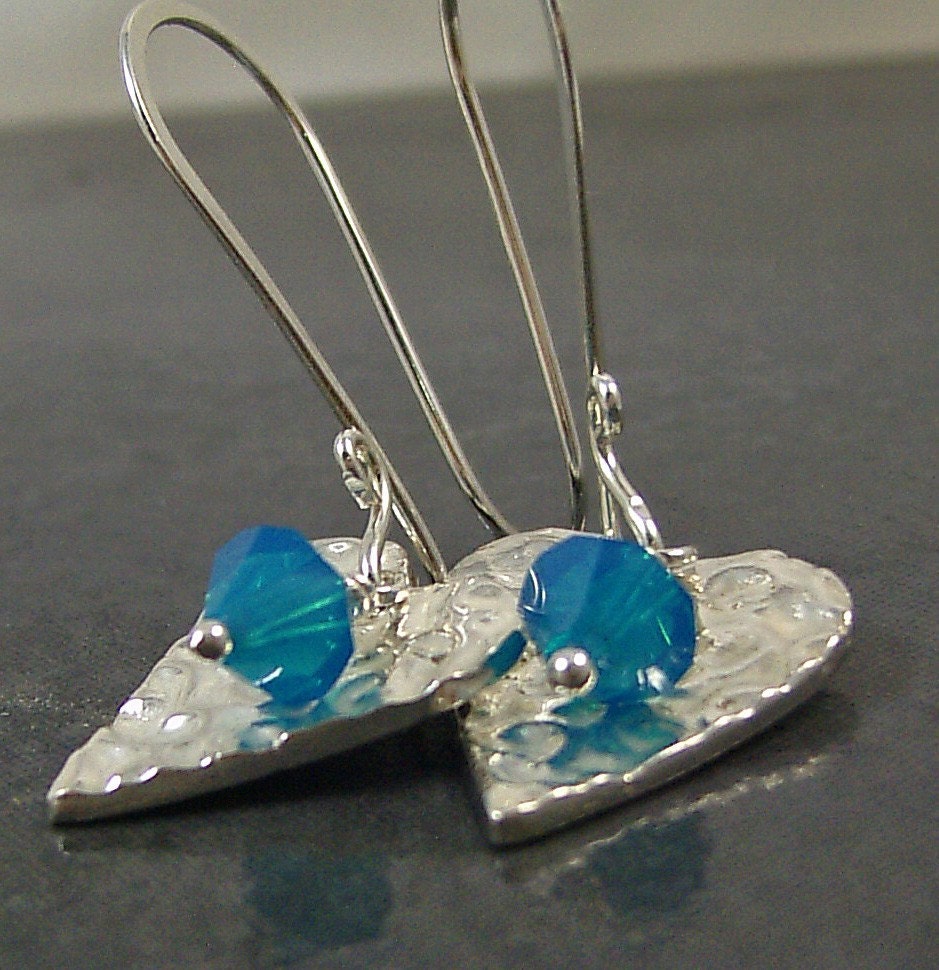 Fine Silver Heart Earrings with Caribbean Blue Crystals