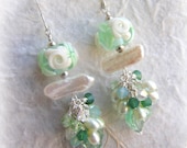VANILLA MINT - Artisan Lampwork Pearl Crystal Cluster Earrings