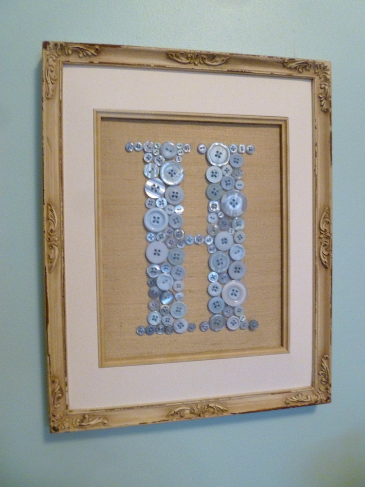 Personalized Baby Boy Nursery Button Letter Monogram -- Light Blue Buttons on Antique White Silk -- Ready to Frame (frame not included)