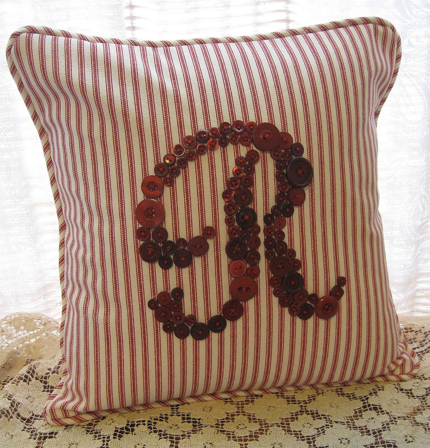 Personalized Pillow Button Letter R -- Red Buttons on Red and White Ticking 14"x14" by Letter Perfect Designs on Etsy