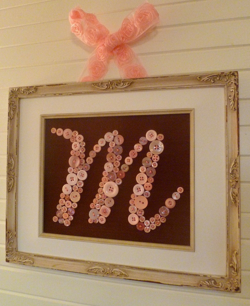 Baby Nursery Button Letter Monogram -- Pink Buttons on Chocolate Brown Silk -- Ready-to-Frame (frame not included)