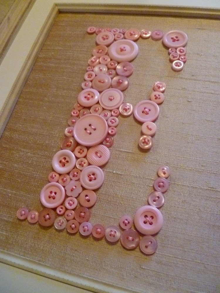 Personalized Vintage Style Nursery Letter Art -- Pink Buttons on Antique White Silk -- Ready To Frame in 8x10 Frame (frame not included)
