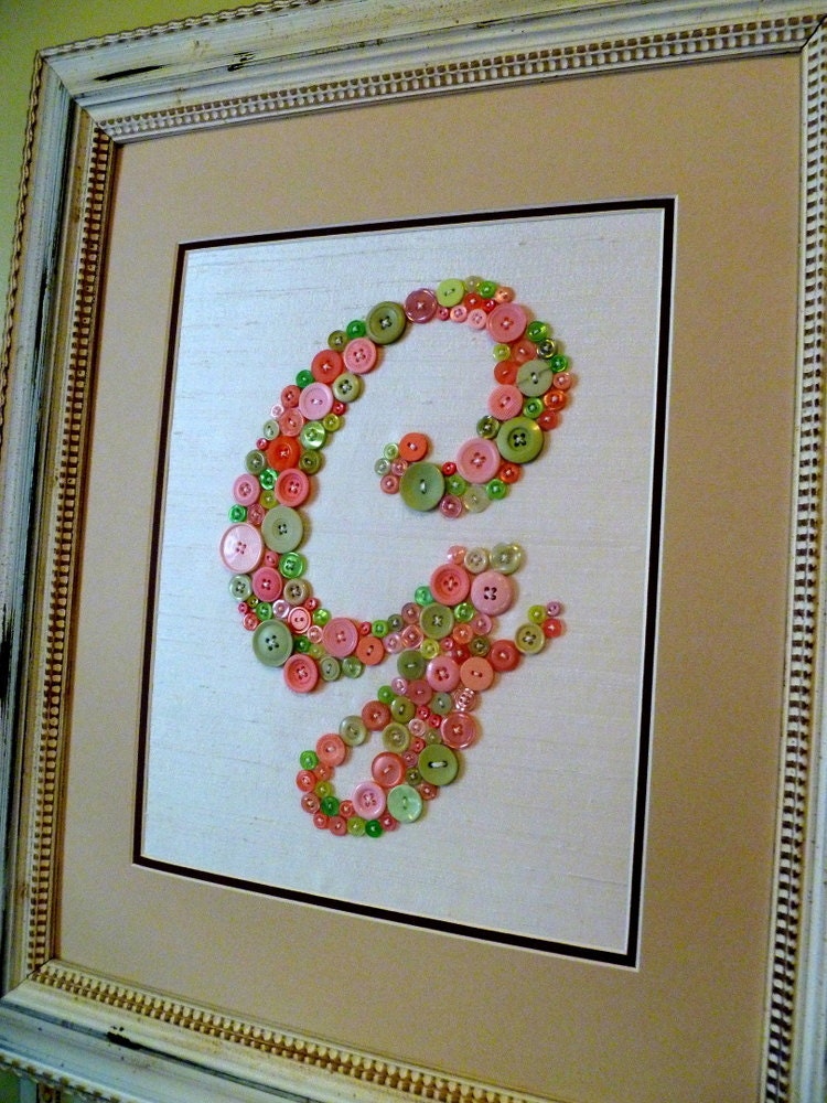 Personalized Nursery Baby Monogram in Pink and Green Buttons on Silk -- Ready-to-Frame 11"x14" Size (frame not included)
