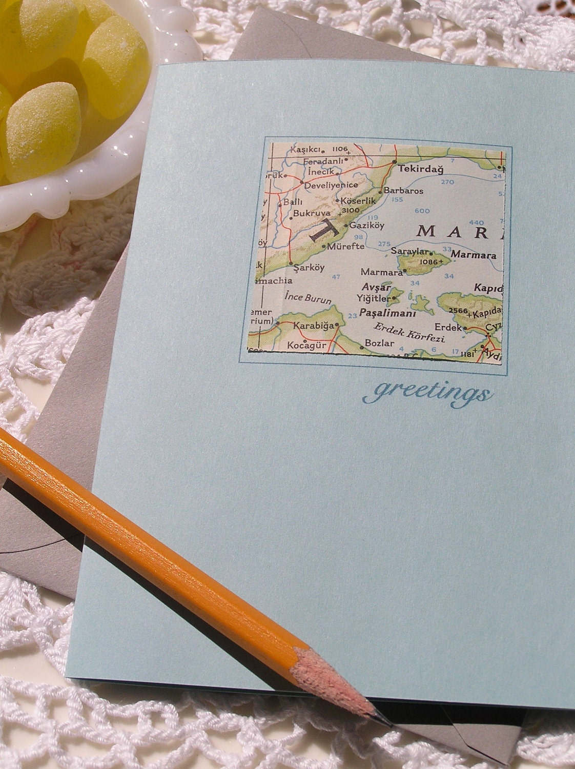 Eco Vintage National Geographic Map Card, Turquoise Folded Note Card with Greeting, Blank Inside