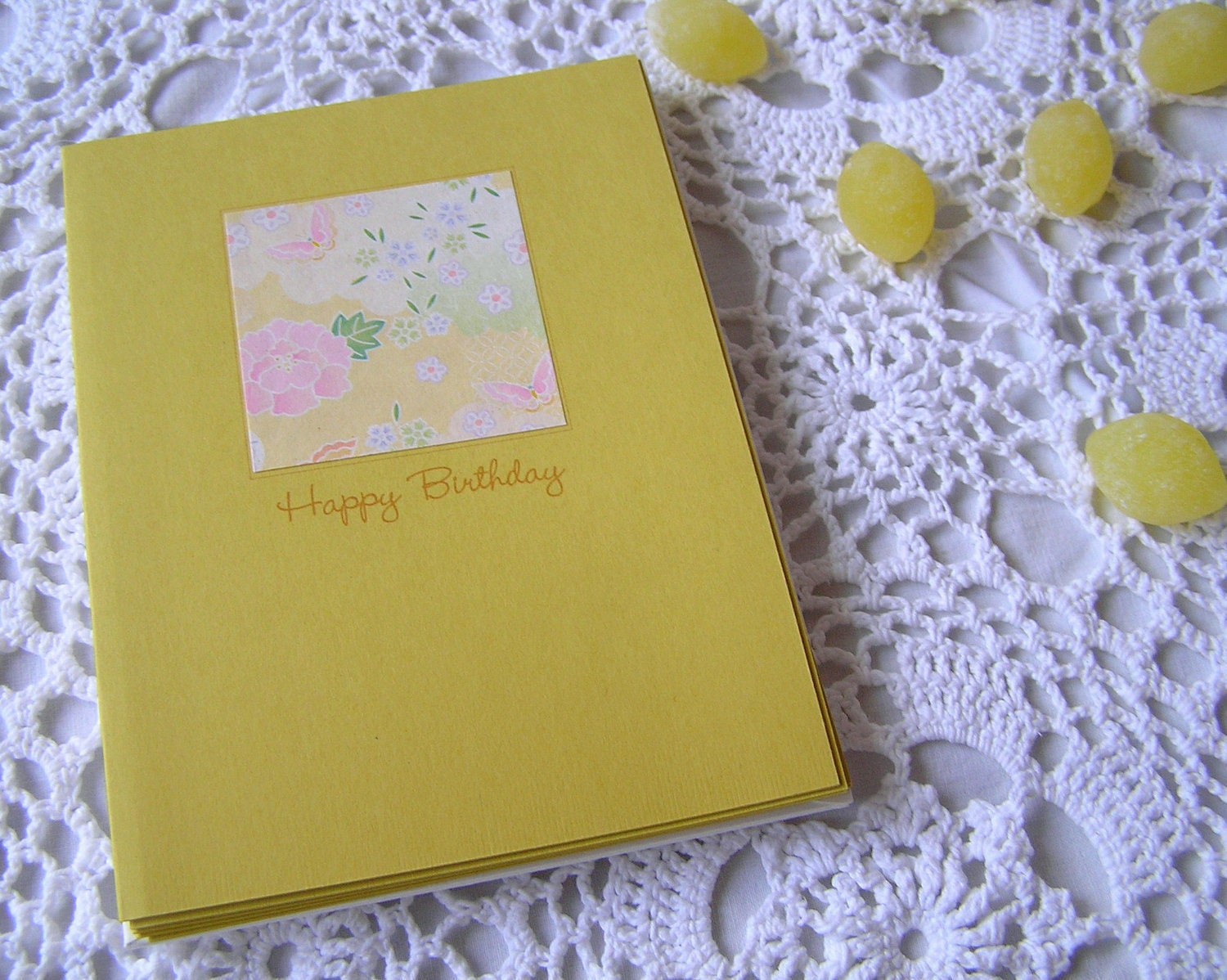 SALE  Happy Birthday Cards Bohemian Floral Butterfly, Curry Yellow, Set of 5
