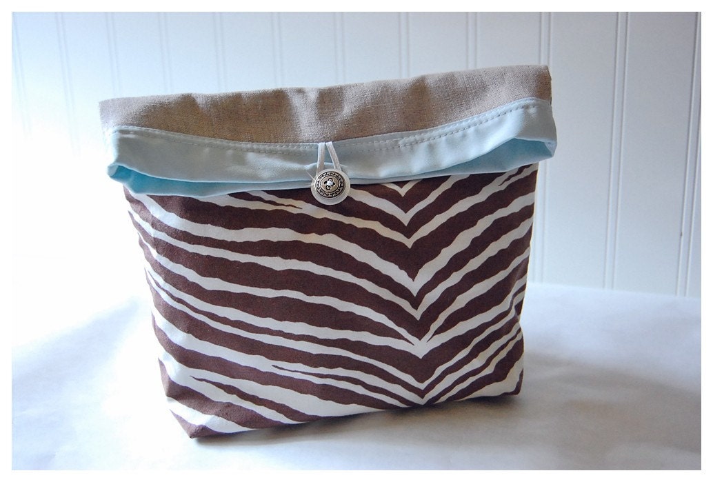 Linen and Brown Zebra Handmade Large Pouch Clutch Flat Bottom Padded  Kindle Make Up Travel Gadget Bag