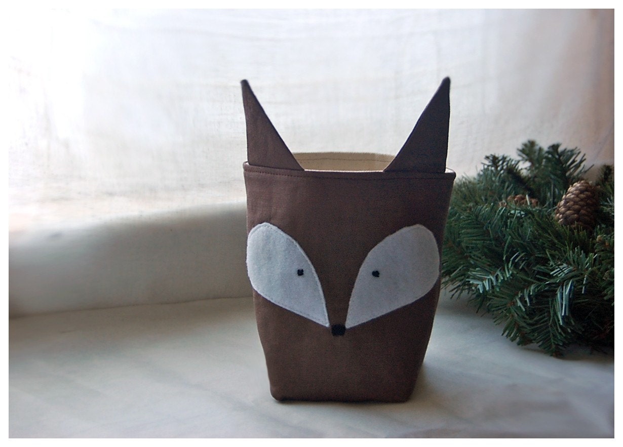 Fox Box Red brown bin basket diaper caddy Natural Linen Organizer Storage rust Embroidery Handmade Gift Wrap