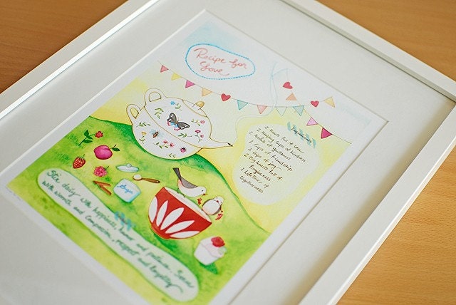 Watercolor painting, Kitchen Art Print - Recipe for love 8x10