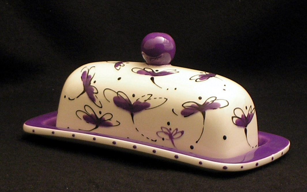 Butter Dish. Purple Dragonfly Knobbed Butter Dish. Purple. Dragonfly. Whimsical. Serving. Butter. Handmade by Sara Hunter Designs.