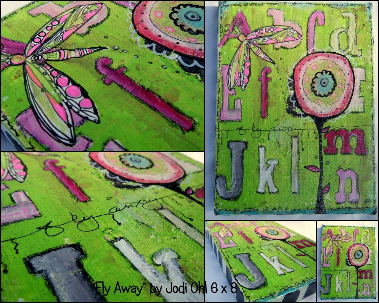 Deal of the Day save 10 dollars Fly Away 6 x 8 Lime Green and Magenta Alphabet  Original Mixed Media Art by Jodi Ohl