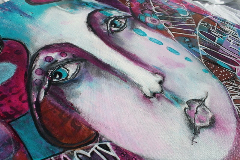 Love is Not Enough  Funky Face Abstract Graffiti Like portrait in magenta, teal, purple, white and black by Jodi Ohl