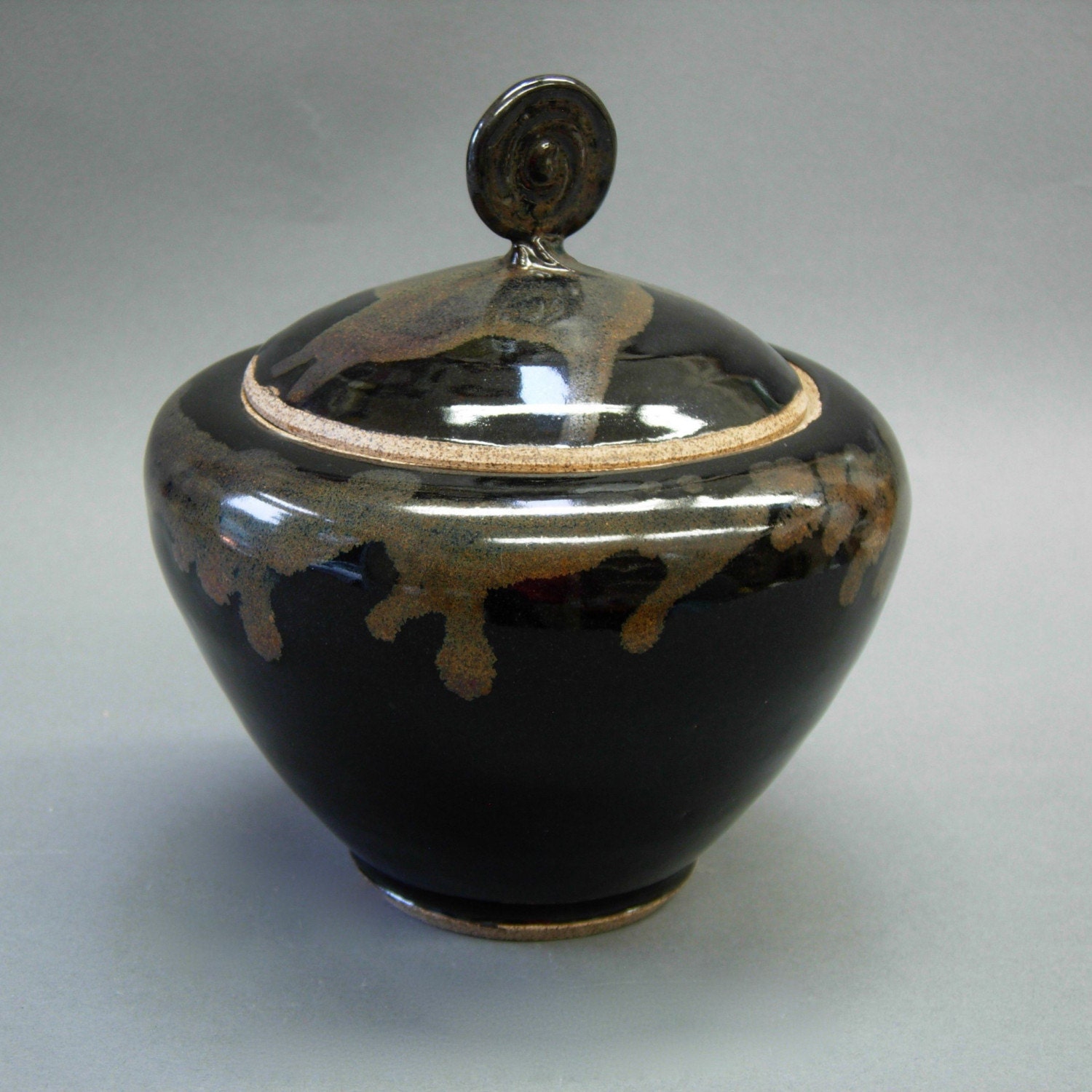 Covered Ceramic Jar Elegant Wheelthrown Black and Gold