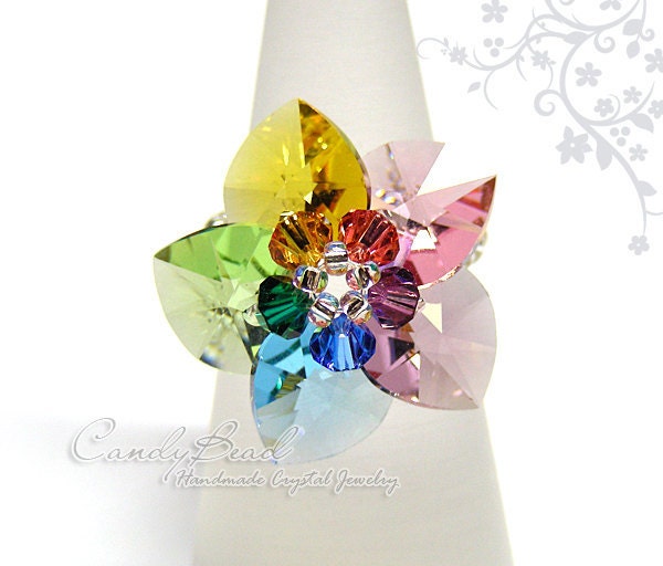 Swarovski ring, Rainbow Heart Swarovski Crystal Ring by CandyBead - Best seller (R005-01)