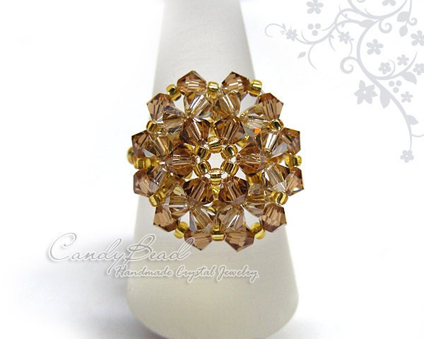 Gold and Topaz Beaded Daisy Swarovski Crystal Ring by CandyBead (R015-01)