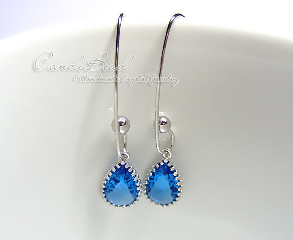 Blue Drop Crystal Earrings on Long Silver Ear Hooks (E003-03)