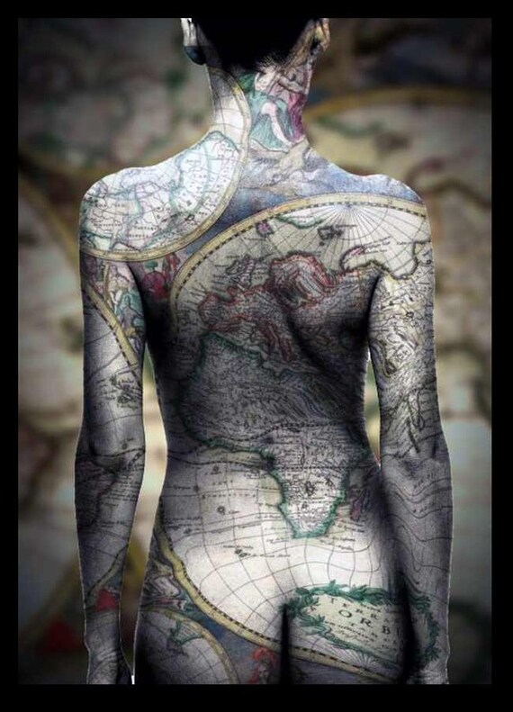 Mature World Atlas Map Adult Woman's Nude Body Backside Arse Tattoo Giclée Printed Art Sew on 3 x 4in. Twill Patch Back Rare Free S/H MBG