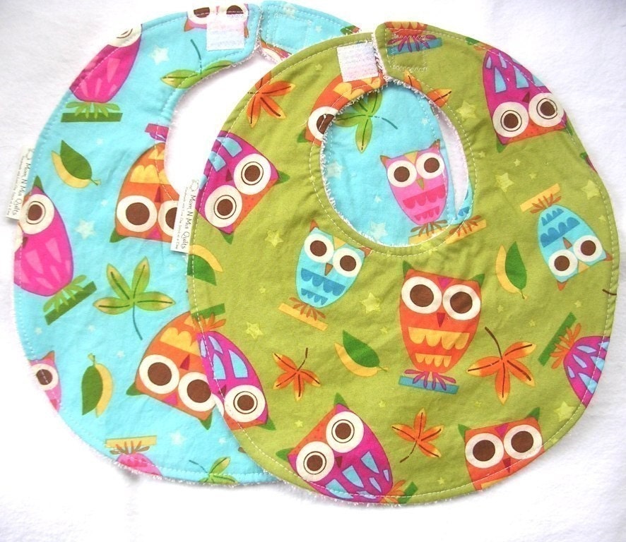 On a Whim Owls in Aqua and Pistachio - Baby Girl Bib Gift Set  - terry cloth backing and snag free velcro closure
