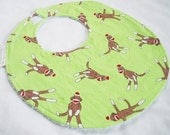 Sock Monkeys on Lime - Baby Girl or Baby Boy Boutique Bib - terry cloth backing with snag free velcro closure