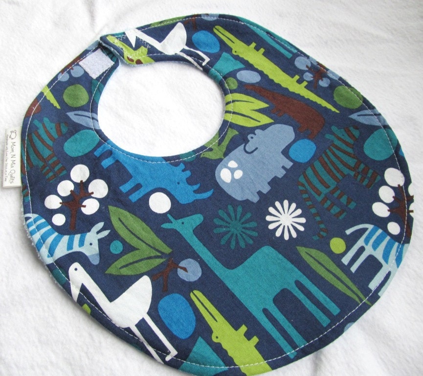 Baby Boy or Toddler Boy Bib - 2D Zoo in Navy - Boutique Bib with terry cloth backing with snag-free Velcro closure