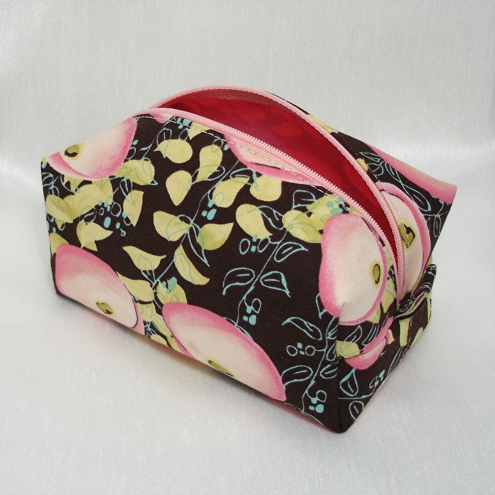 Boxy Cosmetic Tote -- Pink Flowers on Dark Chocolate