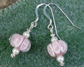 Pink Bubble Lampwork and Pearl Earrings on Sterling Silver Ear Wires