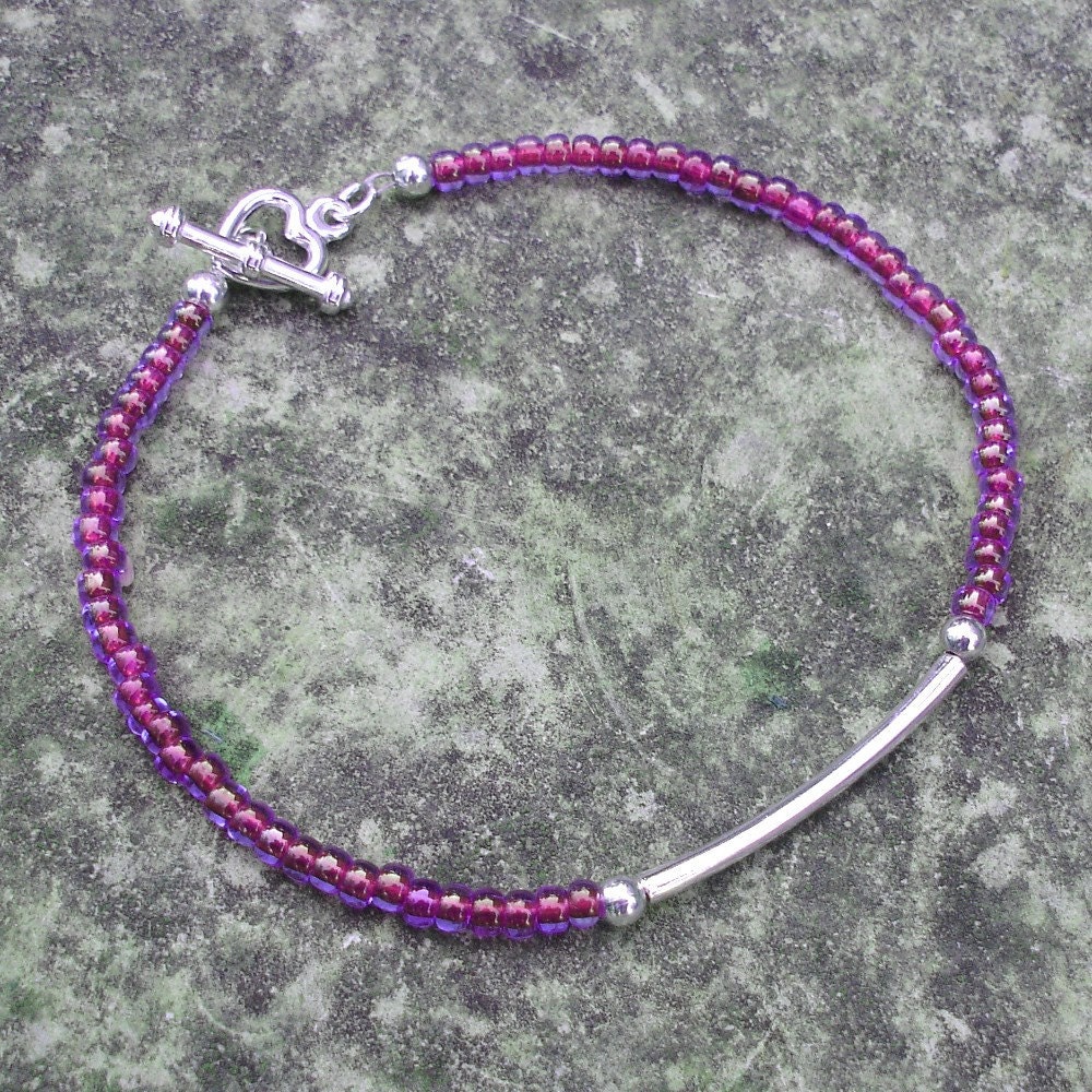 Silver Tube Purple Seed Bead Friendship Bracelet with Heart Clasp