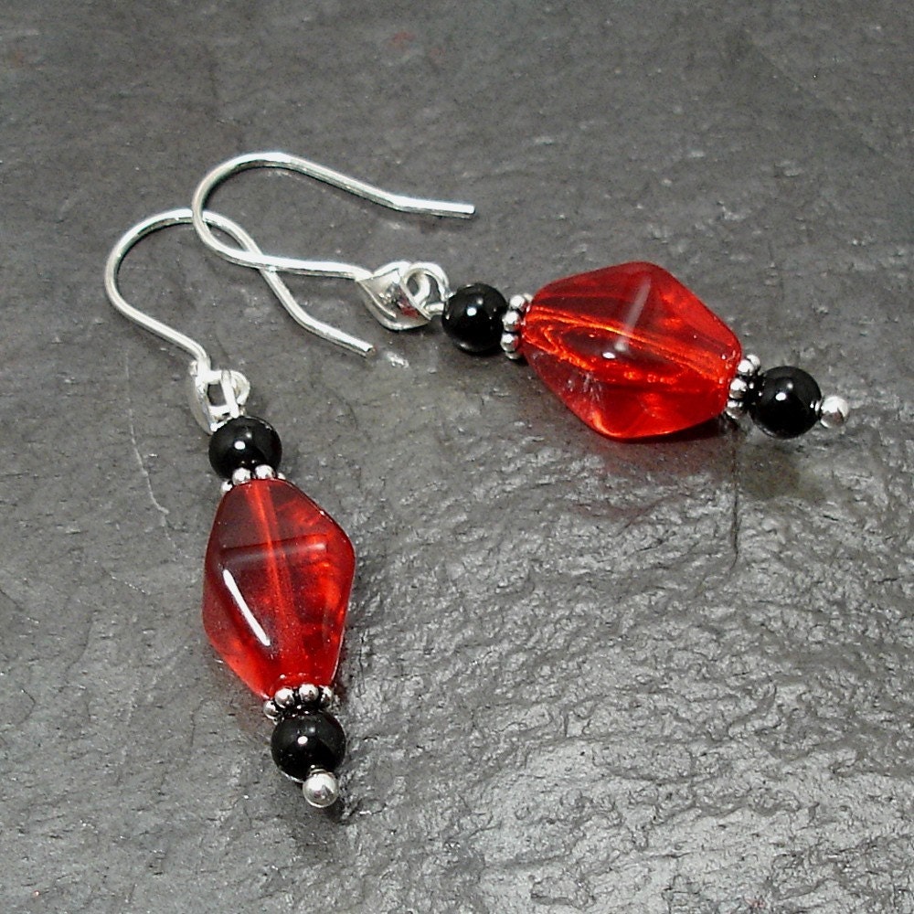 Transparent Red Glass & Black Onyx Earrings on Sterling Silver Ear Wires