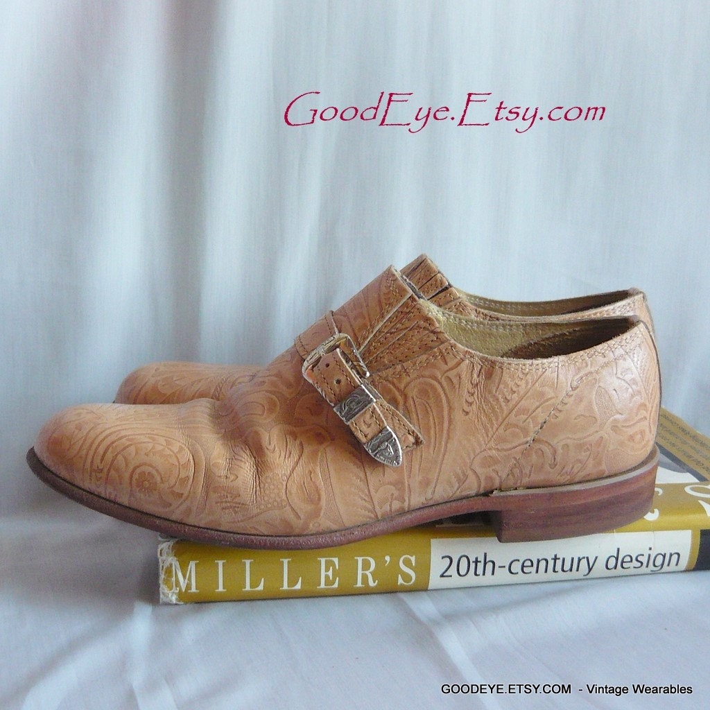 JUSTIN Tooled Leather Bootie Shoes sz 8 .5M Eur 39 UK 6 Custom Made Mexico