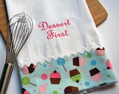 Dessert First Cupcakes Embroidered Kitchen Tea Towel