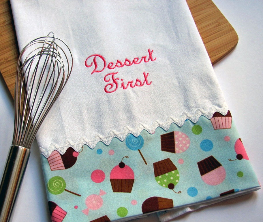 Dessert First Cupcakes Embroidered Kitchen Tea Towel