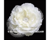 Crystal Rhinestone Ivory Ellabelle Peony Flower & Feather Hair Clip