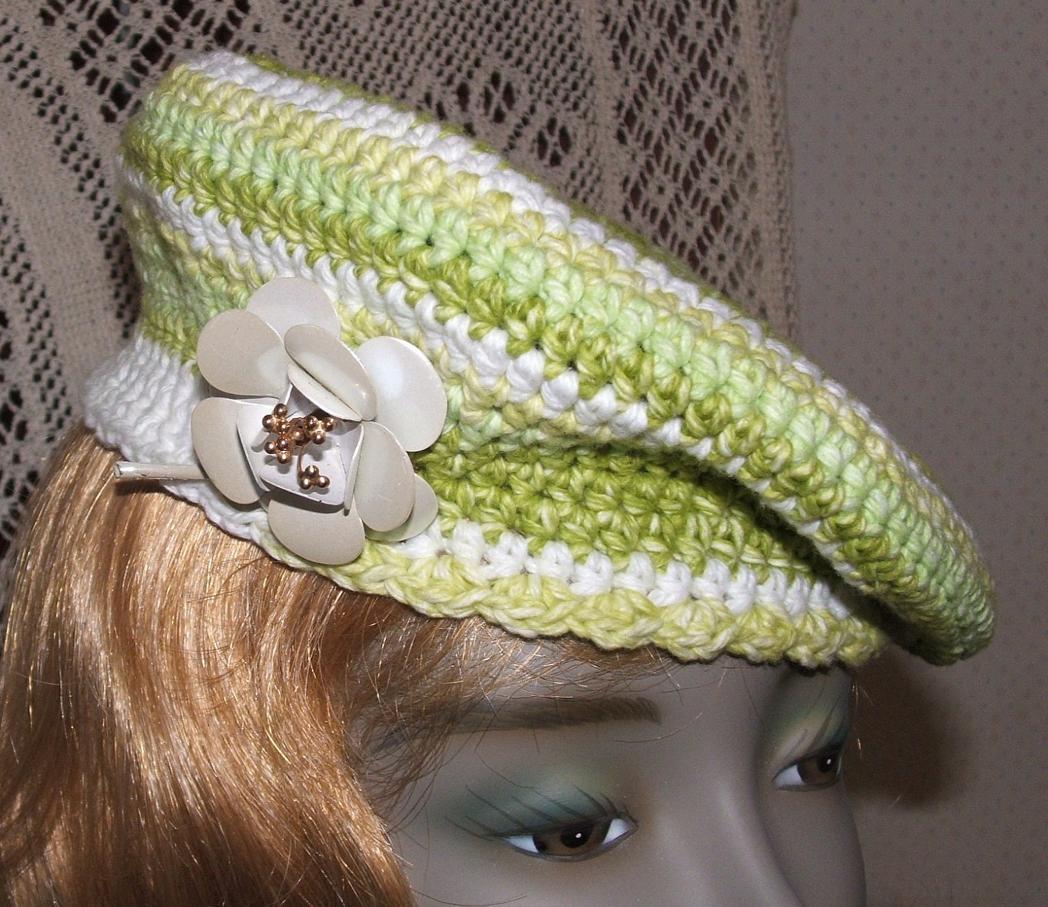 Womens Cotton Crochet Beret with Vintage Flower Broach Pin