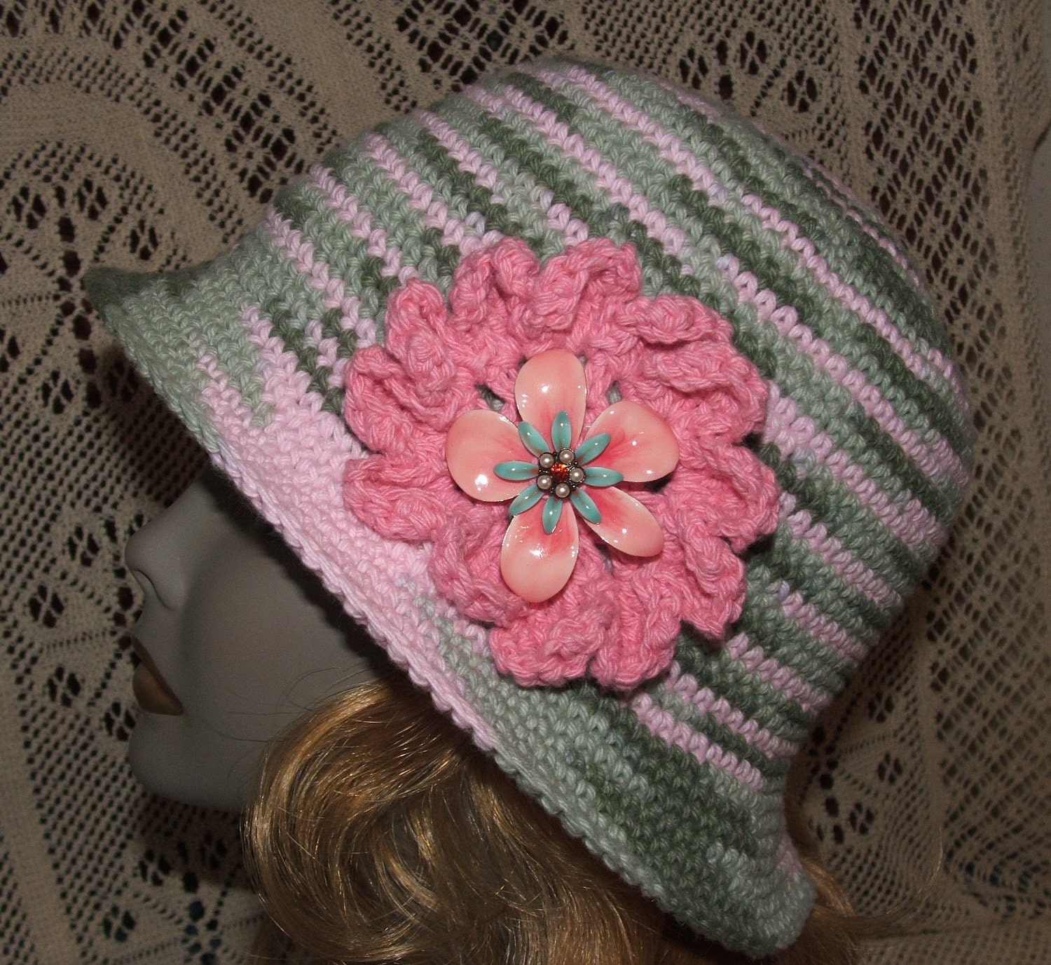 Womens Crocheted Cotton Topper Hat in Pink and Gray with Vintage Enamel Flower Broach