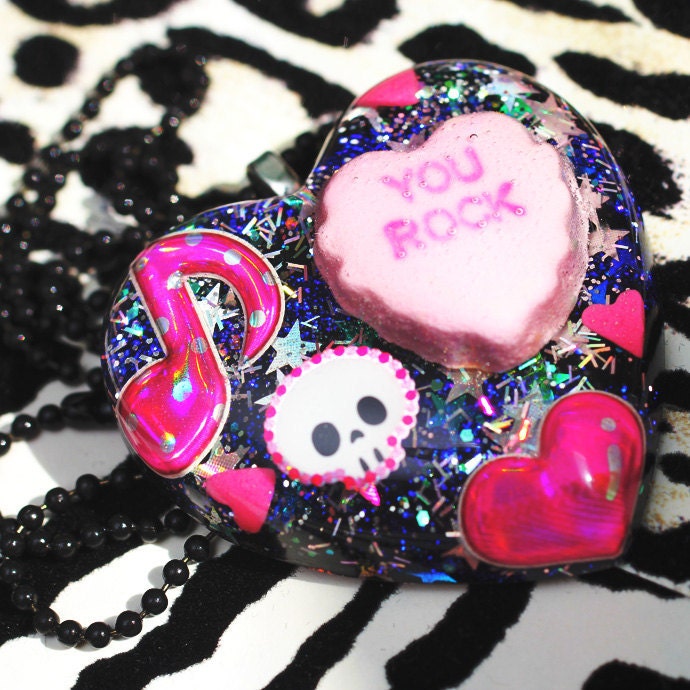 You Rock - Resin Valentine Skull Conversation Heart Necklace - SALE
