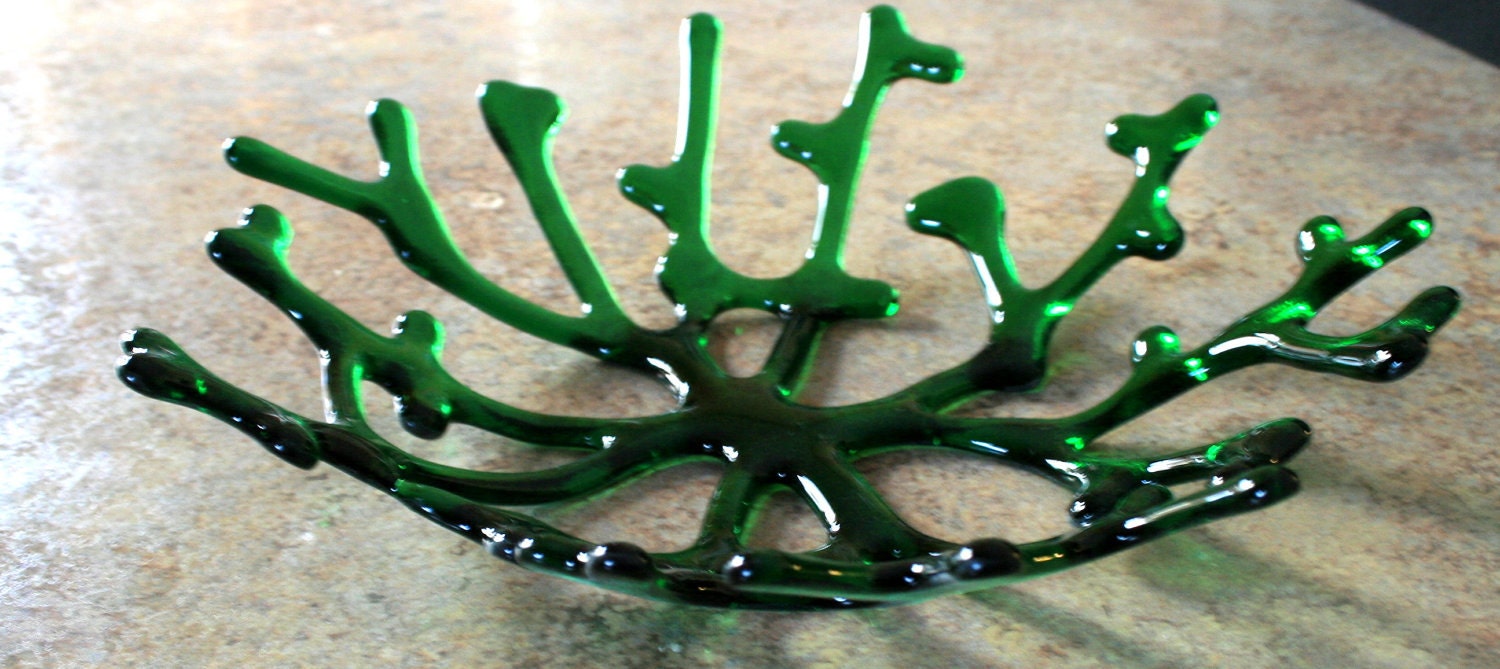 Emerald Green Fused Glass Coral Bowl - Derryrushdesigns