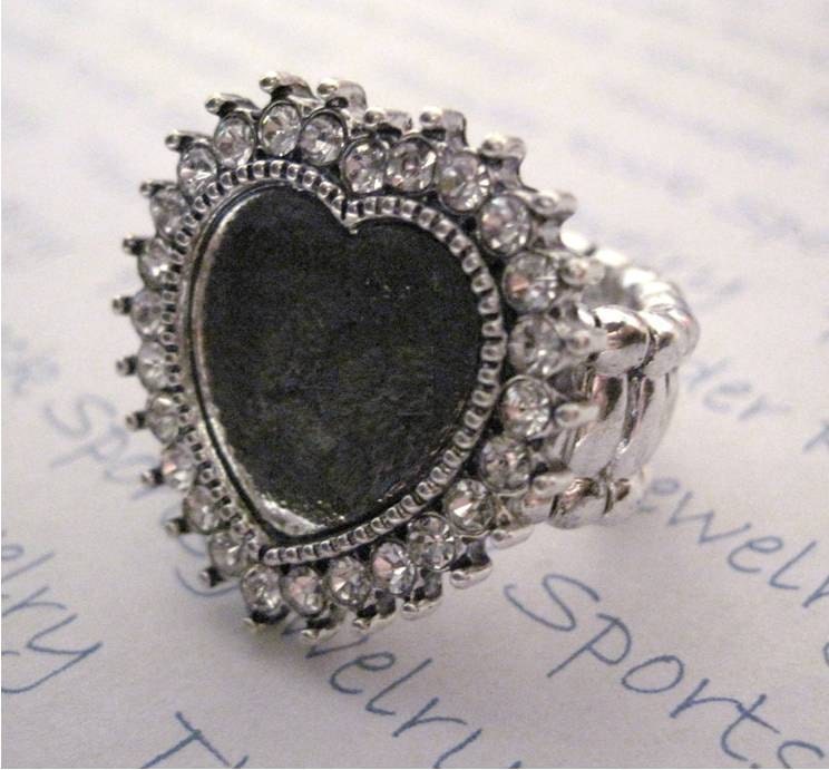 3 Antique Silver Plated Adjustable Blank Stretch Ring Blanks with a Crystal Frame Heart - Shaped Cabochon Bezel Setting