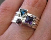 Wild Berries Skinny Ring Stack . set of 5 sterling stacking rings . amethyst, london blue topaz & rhodolite garnet . made to order