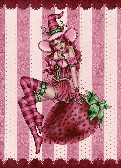 Kitchen Witch Print - Fantasy Art - 5x7 - Strawberry Fruit Fairy - Sydney - by Nikki Burnette