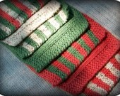 Tangerine Green & Ecru Striped and Solid Dish Clothes, Hand Knit 100% Cotton