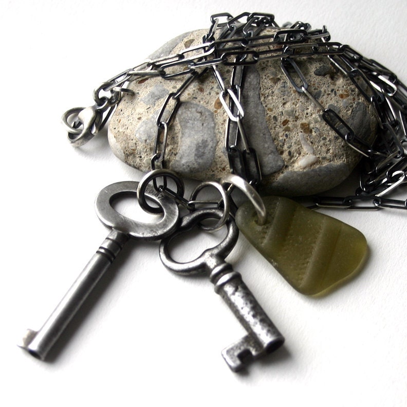Seaglass Key Necklace Sterling Seaglass Olive Green Long Chain - Olive You