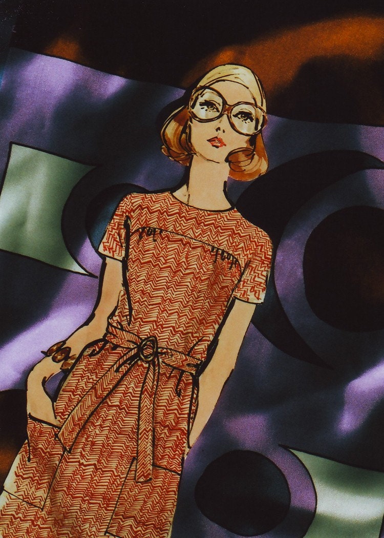 mod girl four, 5x7 archival print fashion photograph of vintage 1960s sewing pattern illustration and fabric