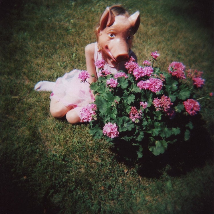 flower pig, 8x10 archival print photograph of girl in animal mask with flowers and ballet leotard and skirt