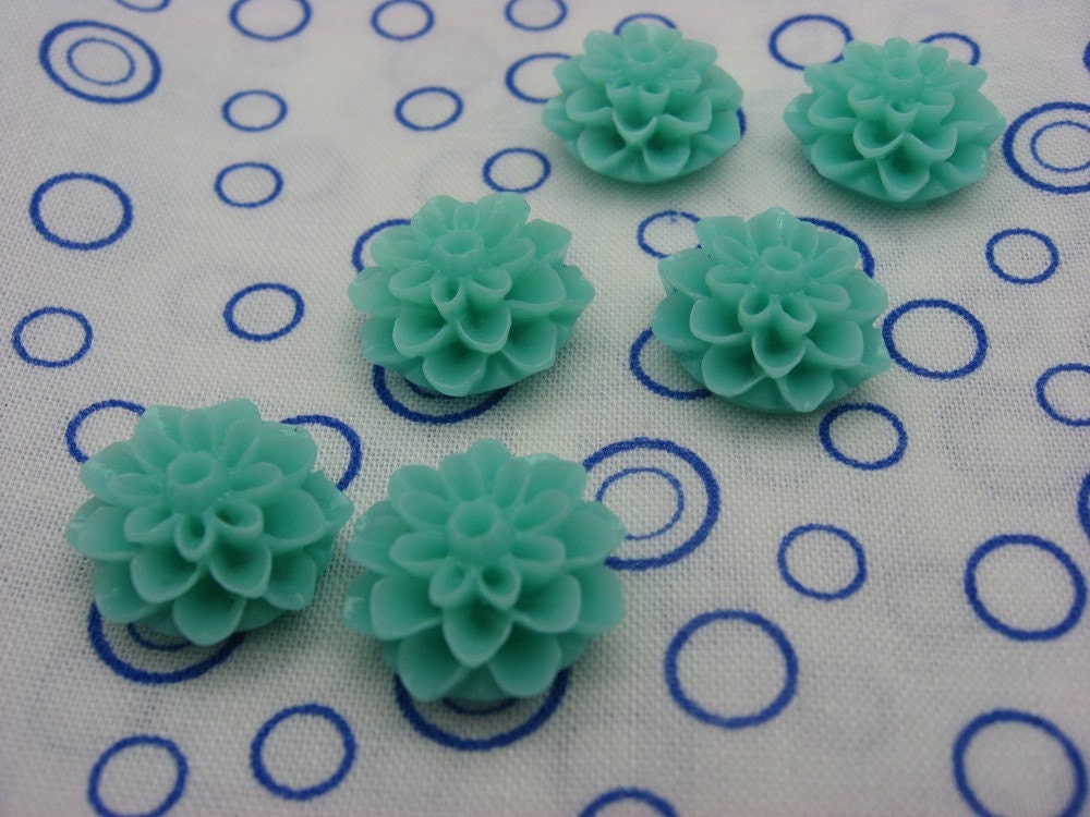 6 Aqua Resin Mum Dahlia Flower Cabochons AA-16