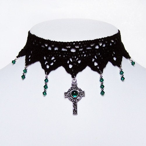 Gothic celtic cross choker with Emerald green Swarovski - IMMORTAL