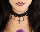 Gothic Lace choker with Amethyst celtic cross and Swarovski cascade - IMMORTAL